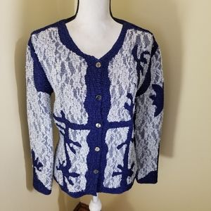 Joni B Button Front Dress Shirt/S Small/Blue and White